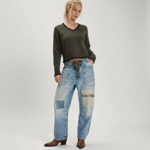 Vintage 100 Sweaters Women’s  V Neck Olive Green Cropped Pullover Sweater SZ L